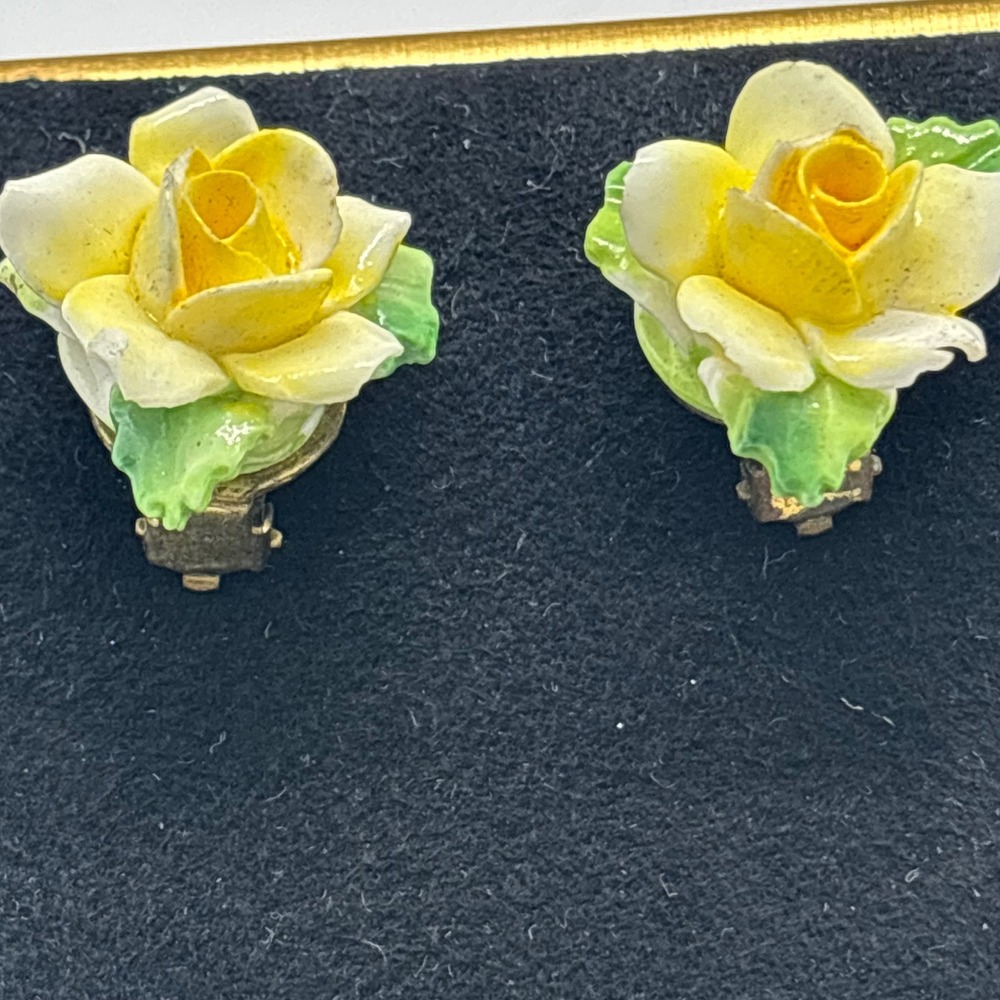 Vintage Rose Earrings Porcelain Yellow Clip On Made in England Floral Jewelry